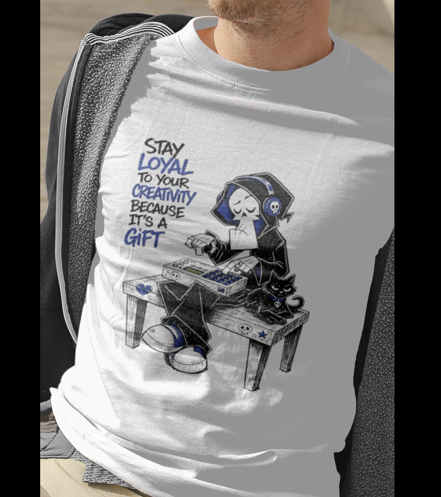 Stay Loyal To Your Creativity Grim Reaper Music Producer With Cat T-Shirt