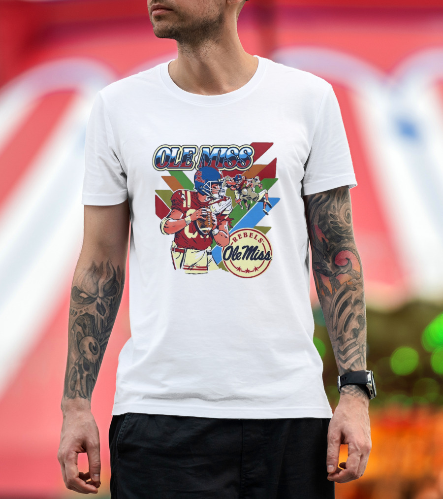 Ole Miss Rebels Football Player Action Retro Style Collaboration T-Shirt