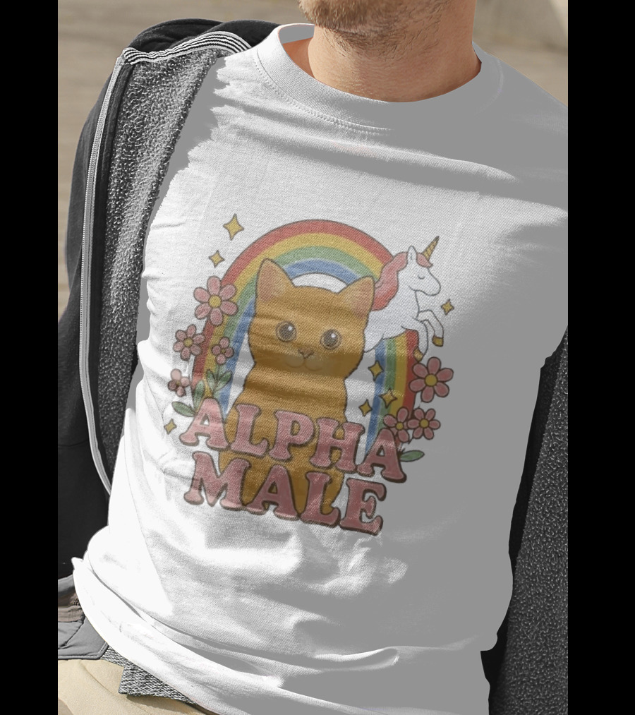 Alpha Male Cat With Unicorn Rainbow And Flowers T-Shirt