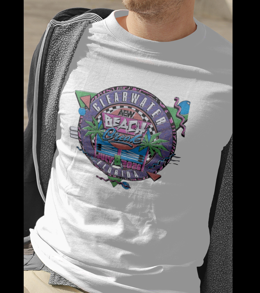 AEW Beach Break Clearwater Florida July 8 2026 Wrestling Event Tropical Palm Trees And Retro Waves T-Shirt
