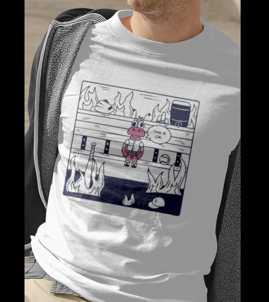 Jaxshrimp This Is Fine Fires Cartoon Cow Sitting Amidst Flames T-Shirt