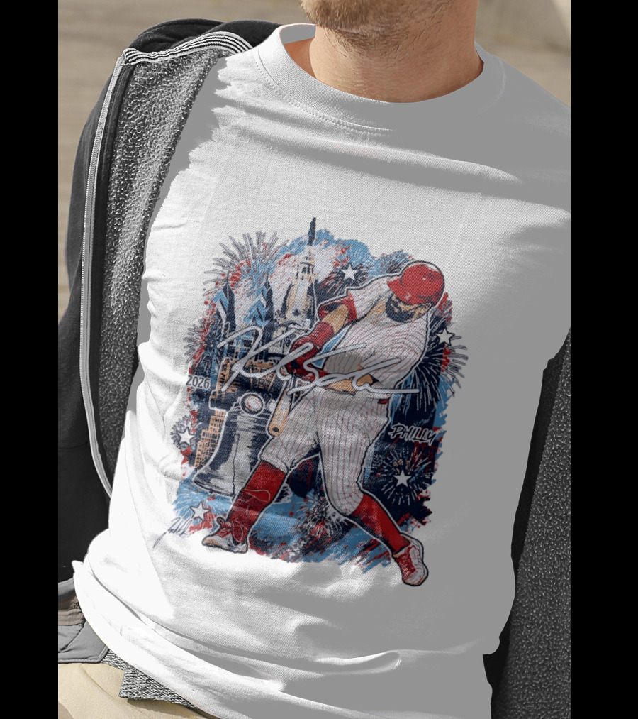 Kyle Schwarber Philly 2026 Swinging Bat Fireworks Liberty Bell T-Shirt