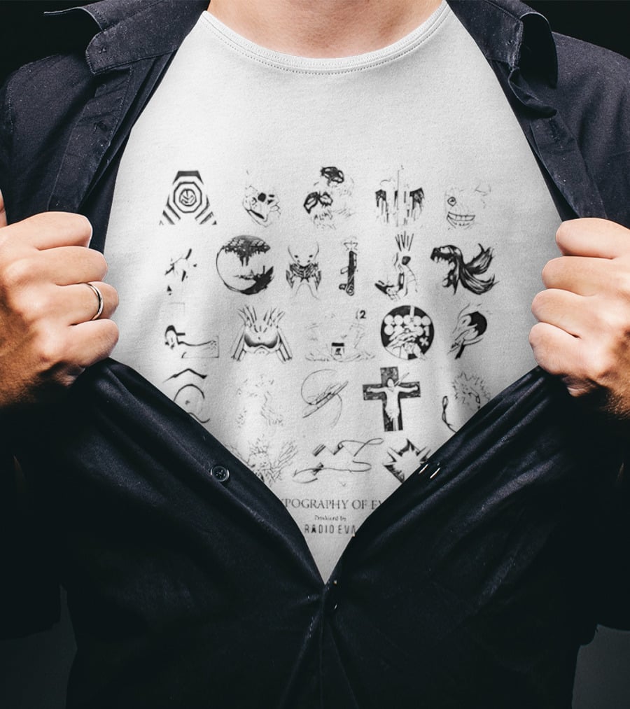 Evangelion Typography Of Eva Radio Eva Alphabet Collage T-Shirt
