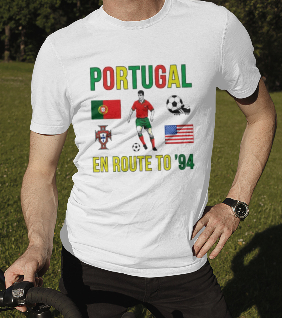 Portugal En Route To '94 World Cup Journey Footballer And Flags T-Shirt
