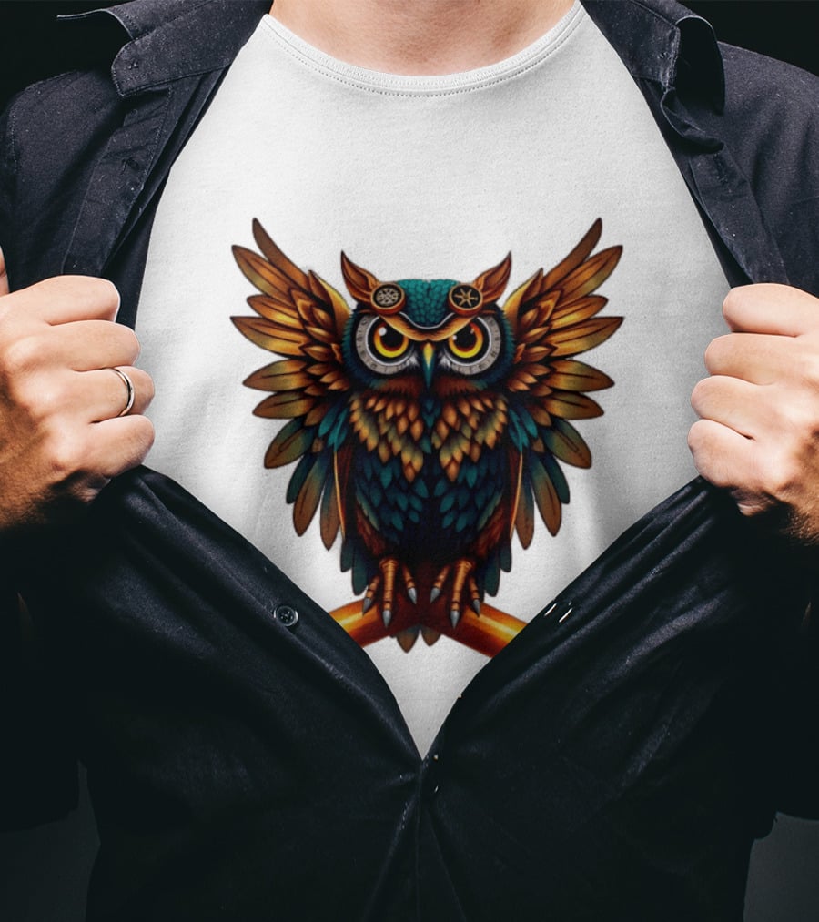 Steampunk Owl With Gears And Pistons Mechanic Aesthetic T-Shirt