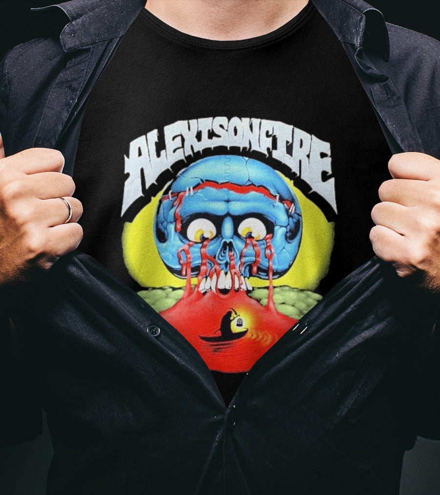 Alexisonfire Skull Island Creepy Blue Skull With Red Eyes And Boat T-Shirt