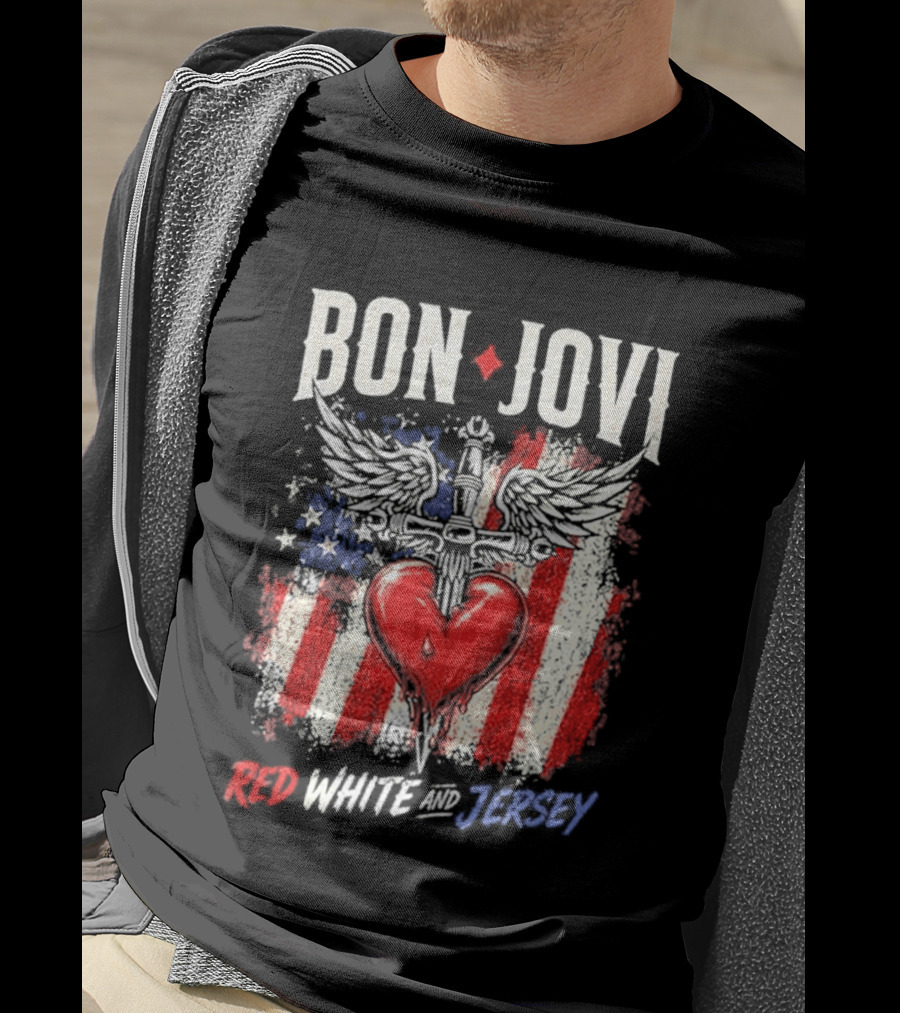 Bon Jovi Red White Jersey Heart And Dagger American Flag T-Shirt