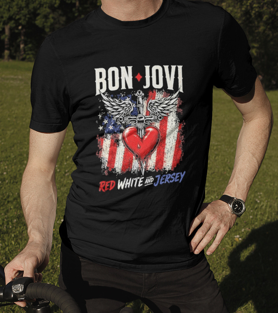 Bon Jovi Red White Jersey Heart And Dagger American Flag T-Shirt