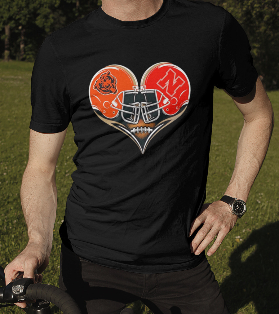 Chicago Bears Nebraska Cornhuskers Heart Shaped Helmets Football Fan Gear T-Shirt