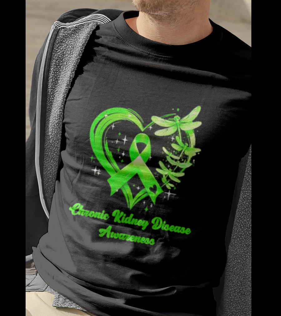 Chronic Kidney Disease Awareness Green Ribbon Heart And Dragonfly T-Shirt