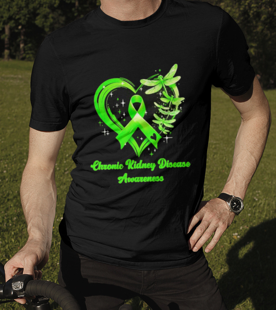 Chronic Kidney Disease Awareness Green Ribbon Heart And Dragonfly T-Shirt