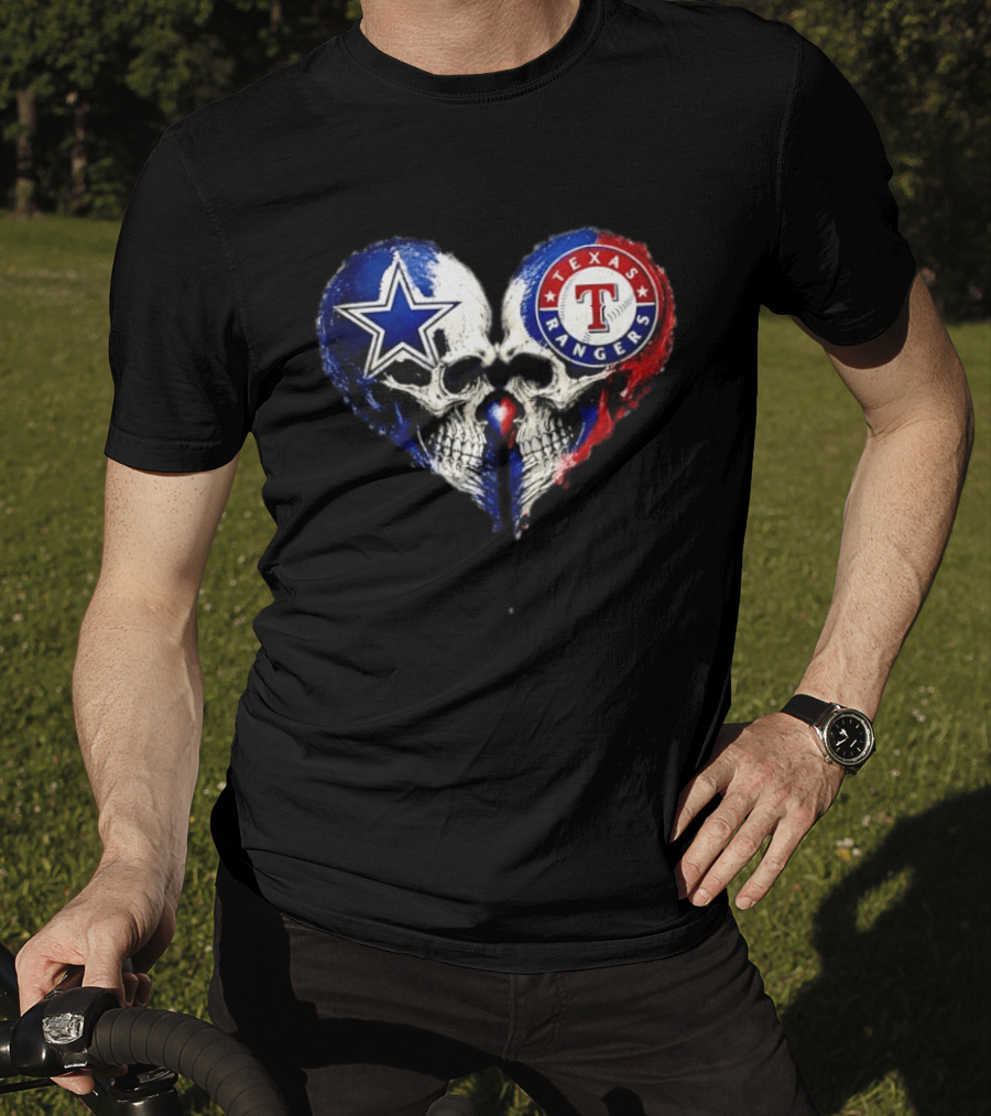 Dallas Cowboys Star And Texas Rangers Skull Heart T-Shirt