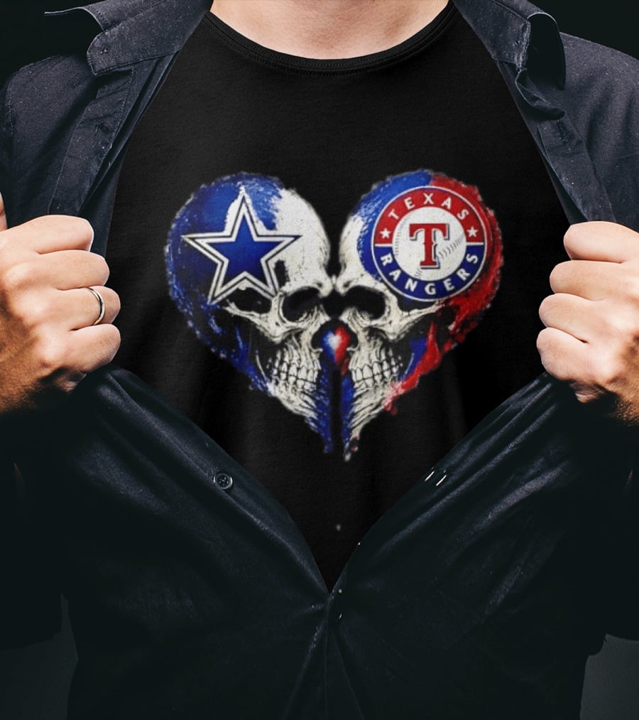 Dallas Cowboys Star And Texas Rangers Skull Heart T-Shirt
