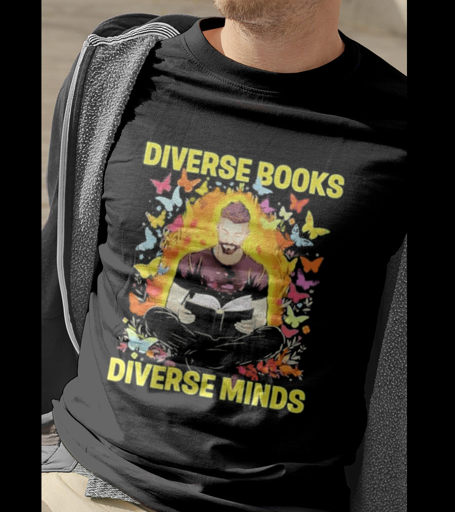 Diverse Books Diverse Minds Reading Book Lover With Colorful Butterfly Motif T-Shirt