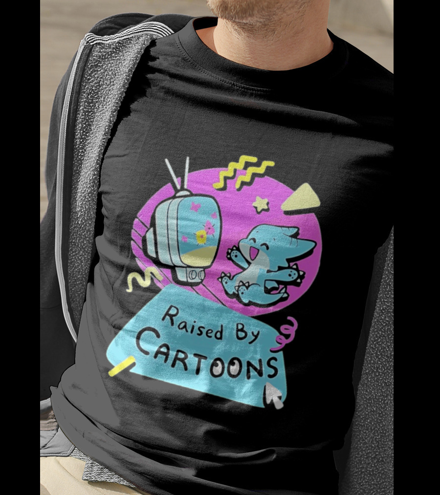 Raised By Cartoons Nostalgia 90s Kid Cartoon Lover Retro TV And Playful Puppy Scene T-Shirt