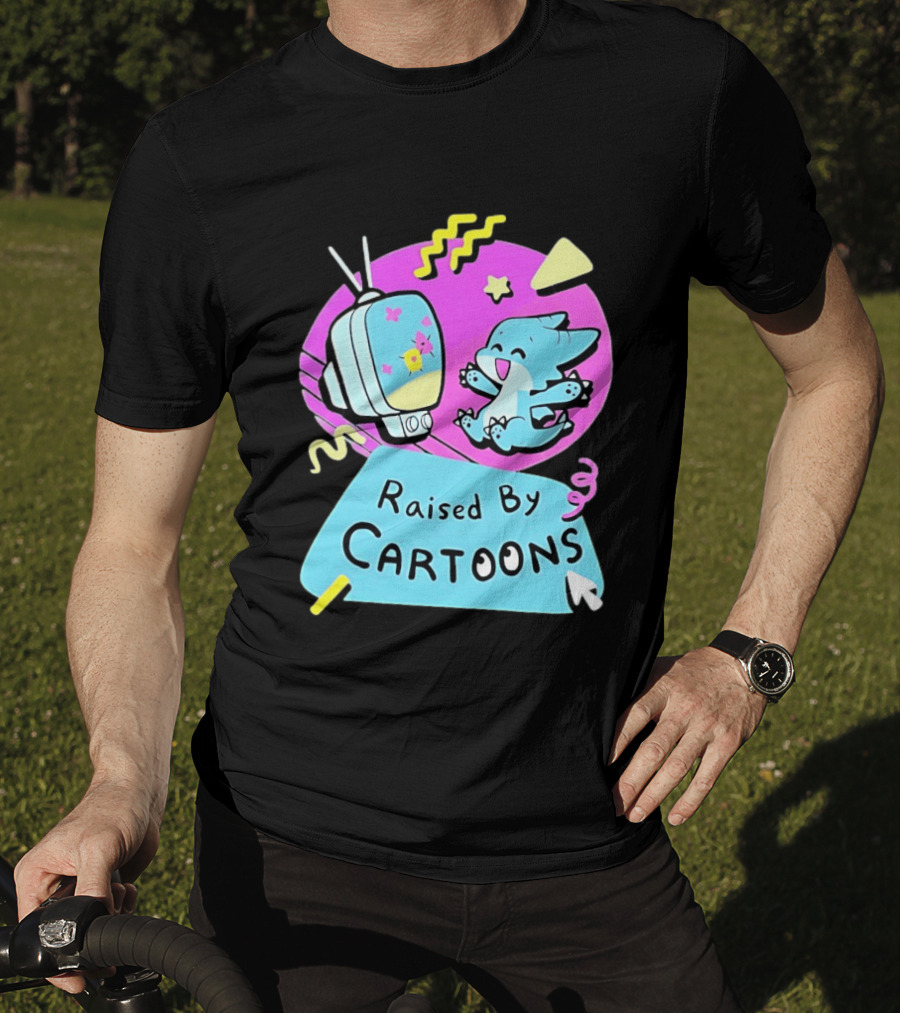 Raised By Cartoons Nostalgia 90s Kid Cartoon Lover Retro TV And Playful Puppy Scene T-Shirt