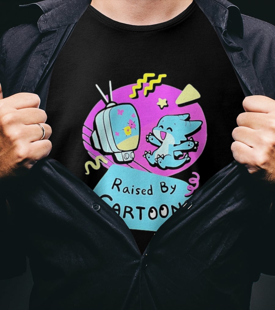 Raised By Cartoons Nostalgia 90s Kid Cartoon Lover Retro TV And Playful Puppy Scene T-Shirt