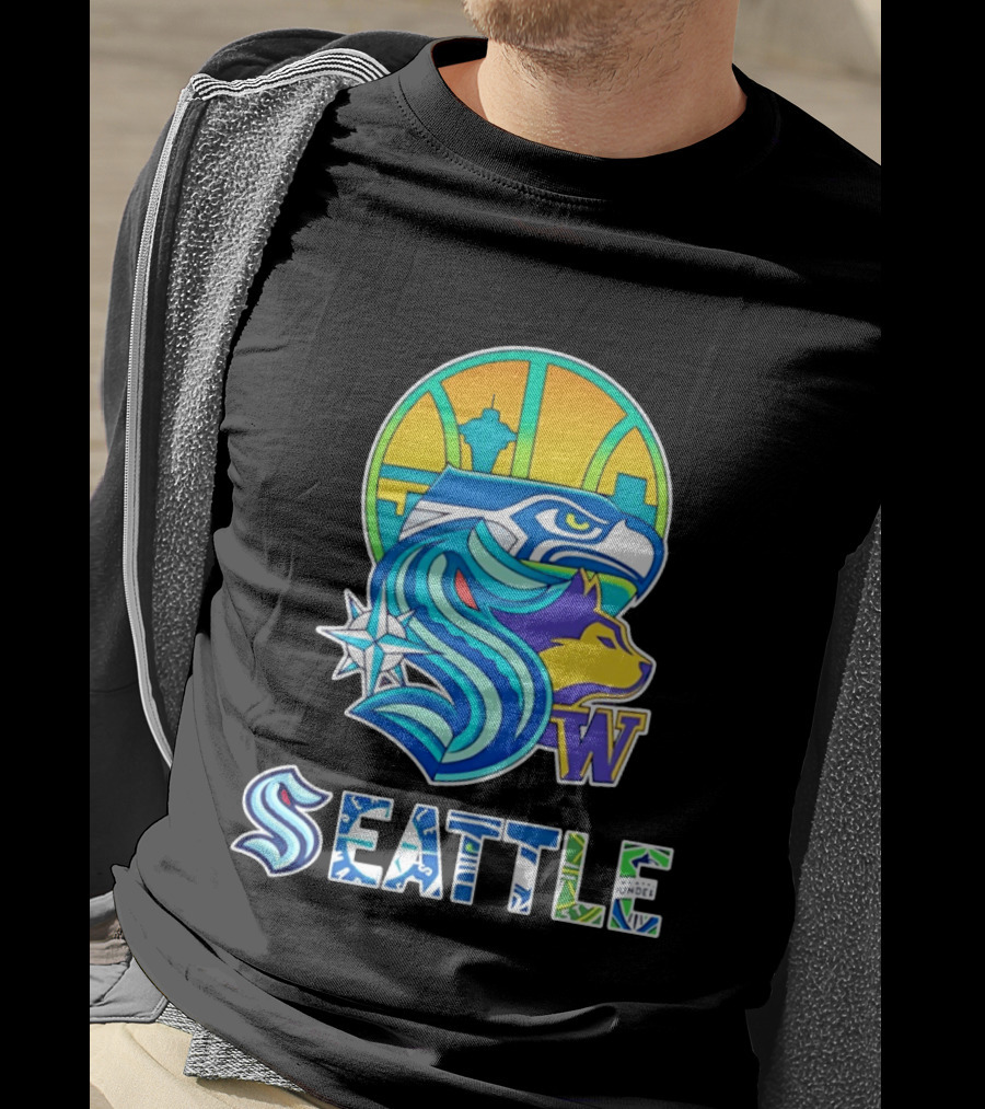 Seattle Seahawks Washington Huskies Skyline Collage With Space Needle And Compass Rose T-Shirt