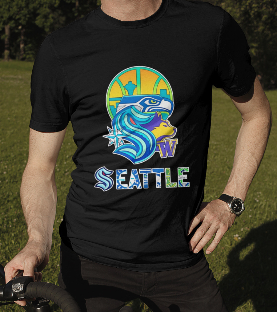 Seattle Seahawks Washington Huskies Skyline Collage With Space Needle And Compass Rose T-Shirt