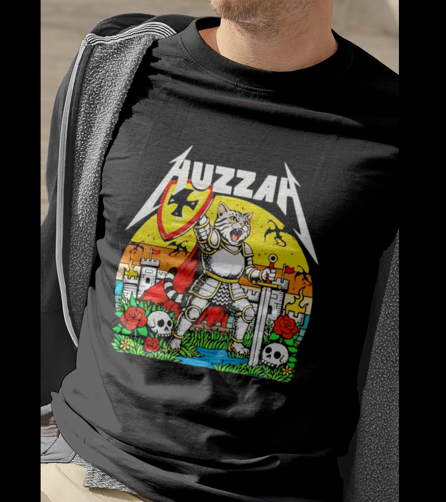 Huzzah Cat Knight Medieval Fantasy With Shield And Sword In Castle Scene T-Shirt