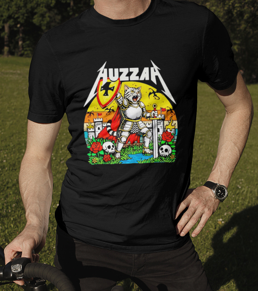 Huzzah Cat Knight Medieval Fantasy With Shield And Sword In Castle Scene T-Shirt