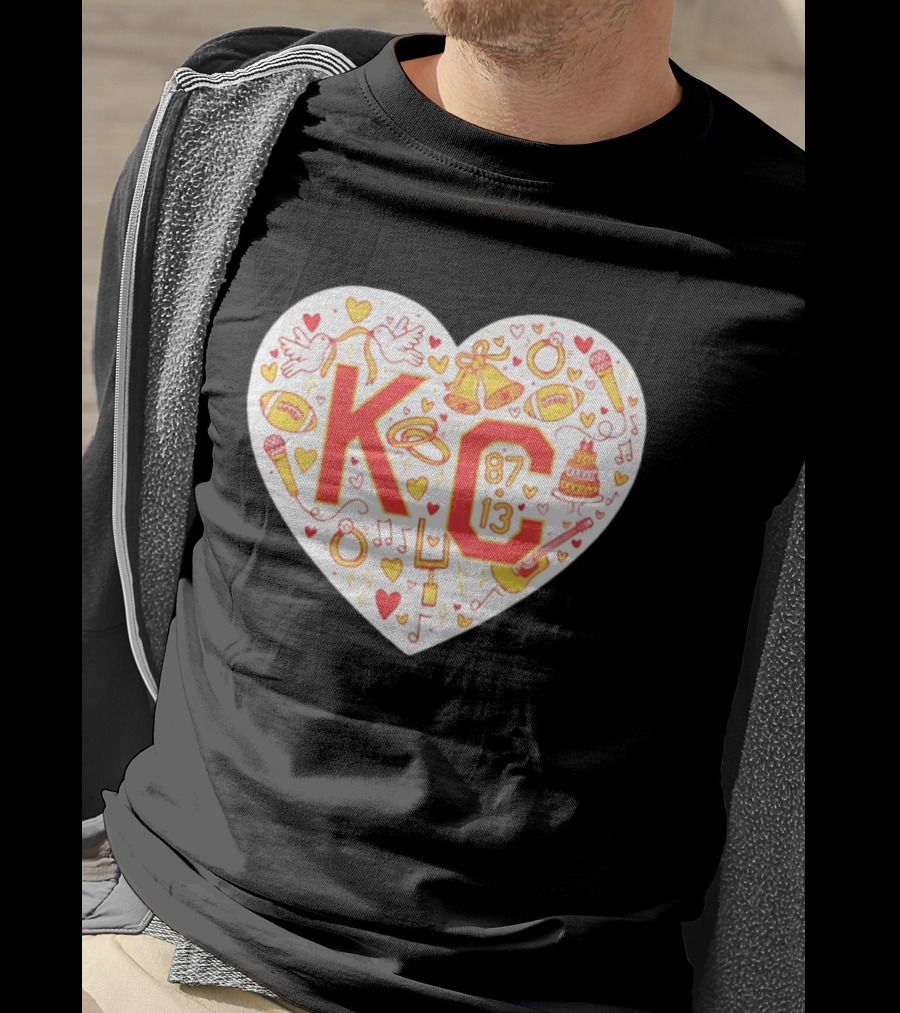 KC 87 13 Heart With Football Rings Music Bells Cake And Guitar T-Shirt