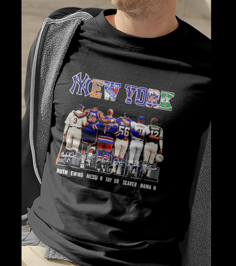 NY Sports Legends New York Yankees Knicks Rangers Mets Giants Jets Ruth Ewing Messier Taylor Seaver Namath T-Shirt