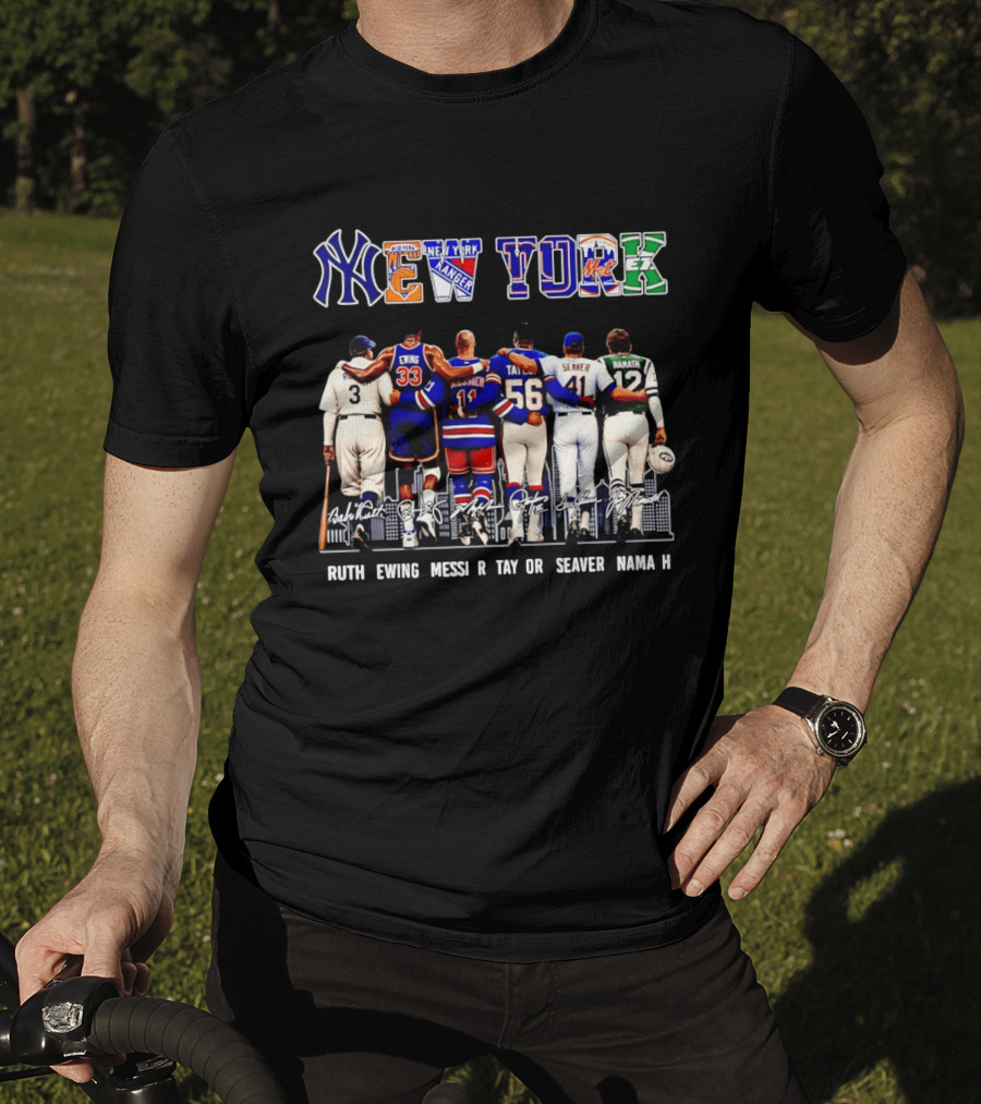 NY Sports Legends New York Yankees Knicks Rangers Mets Giants Jets Ruth Ewing Messier Taylor Seaver Namath T-Shirt