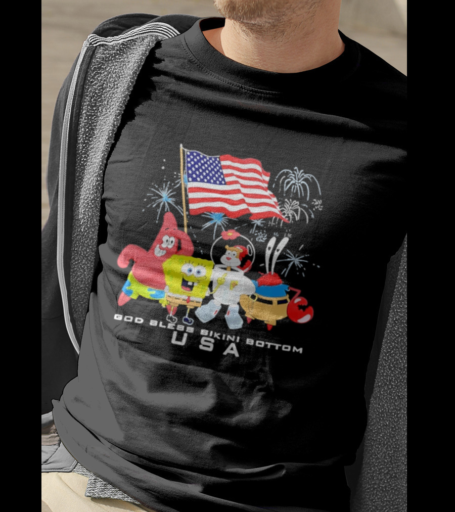 God Bless Bikini Bottom USA Sponge 4th Of July Celebration T-Shirt