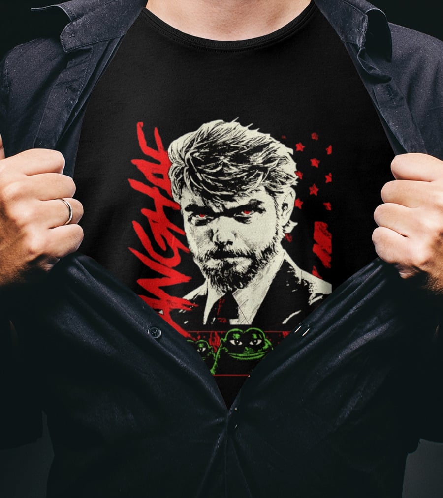 Wangyae Distressed Frogs With Intense Bearded Man And Red Accents T-Shirt
