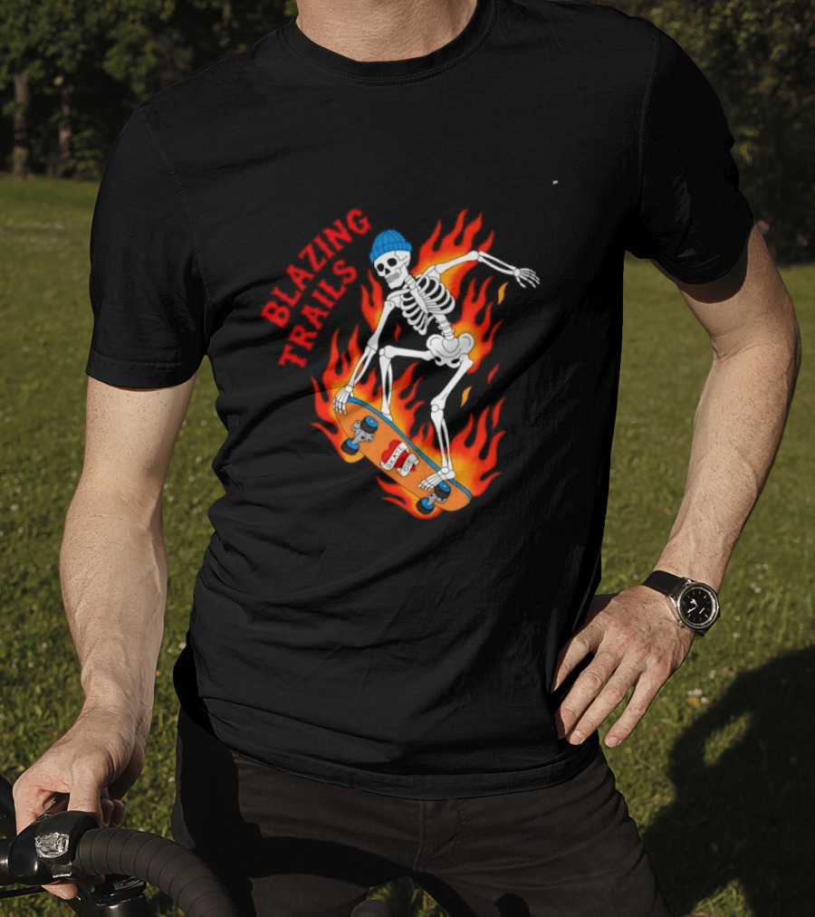 Blazing Trails Skate Or Die Skeleton Flaming Skateboard T-Shirt