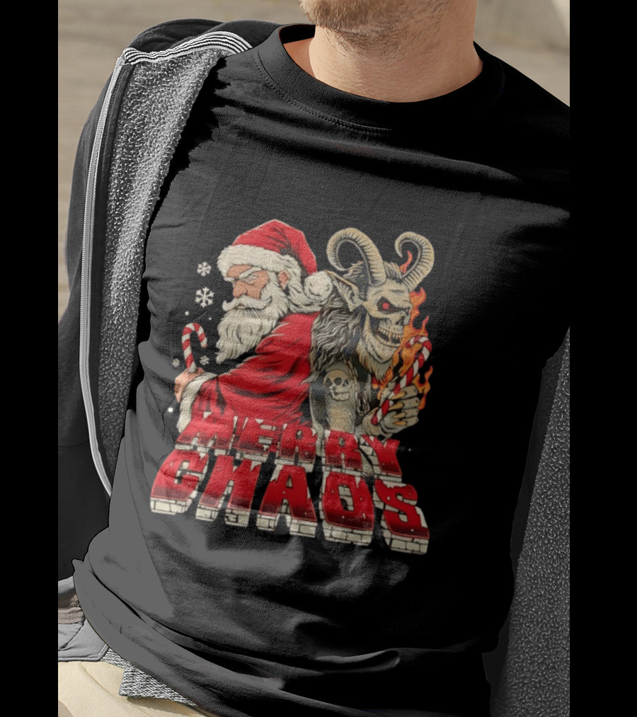 Merry Chaos Santa And Krampus Candy Cane Flames Christmas T-Shirt
