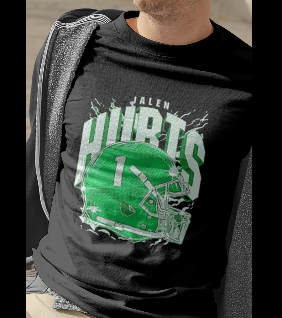 Jalen Hurts 1 Philadelphia Eagles Green Helmet Football T-Shirt