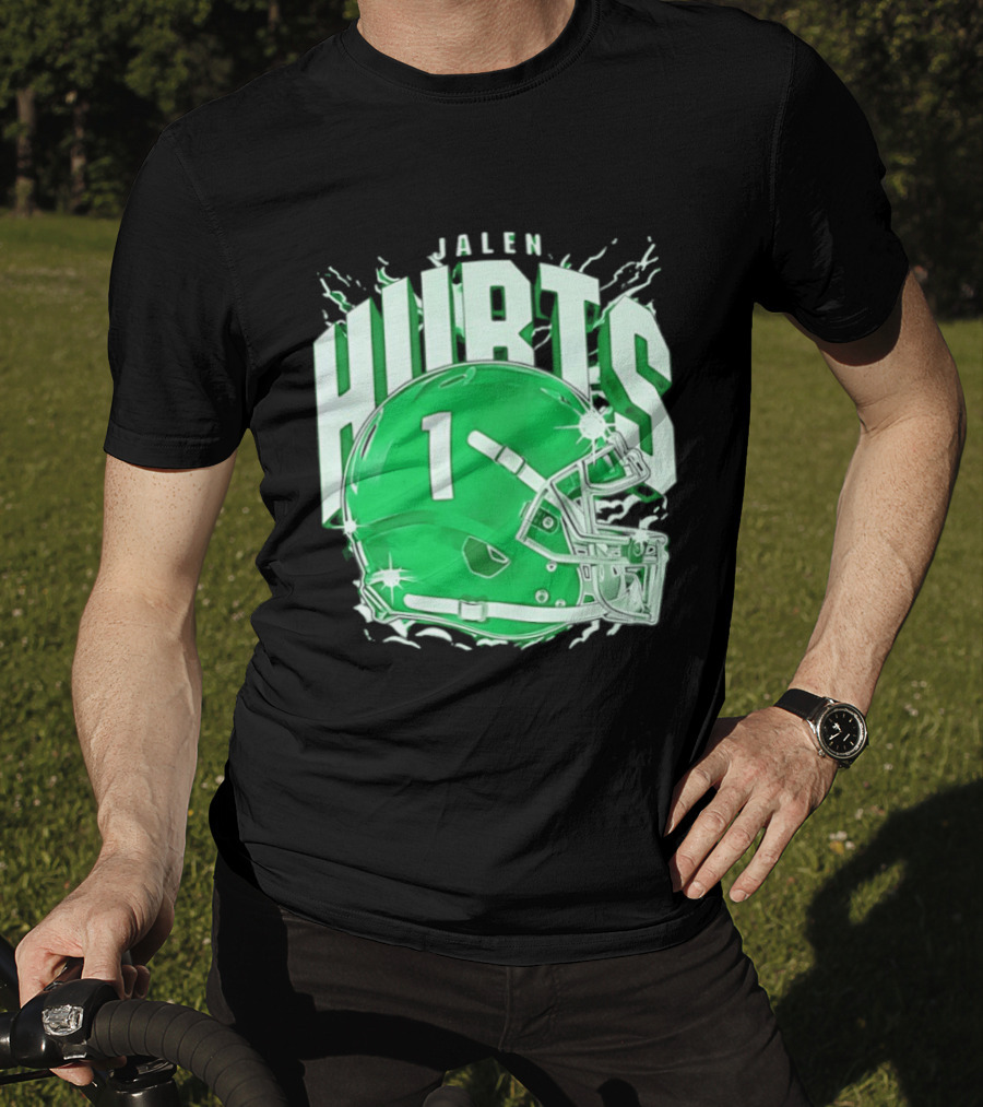 Jalen Hurts 1 Philadelphia Eagles Green Helmet Football T-Shirt