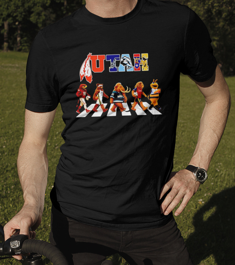 Utah Sports Mascots Walking Across Abbey Road Collage Real Salt Lake Jazz Utes Aggies T-Shirt