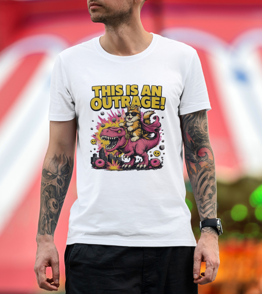 This Is An Outrage Cat King With Sunglasses Riding A Pink Rex With Explosions And Donuts T-Shirt