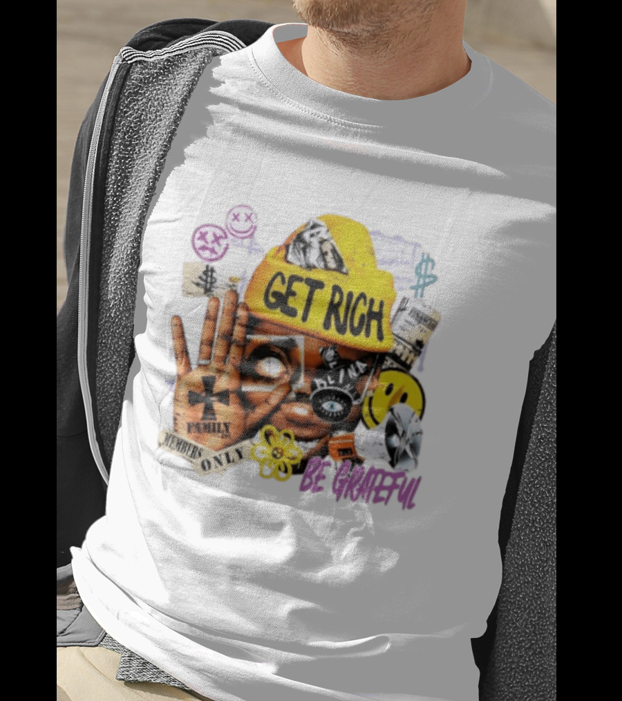 Get Rich Be Grateful Family 1st Members Only Collage Smiley Hand Signs T-Shirt