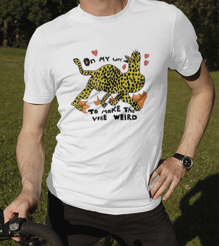 On My Way To Make The Vibe Weird Leopard Humor Illustration With Hearts And Flames T-Shirt
