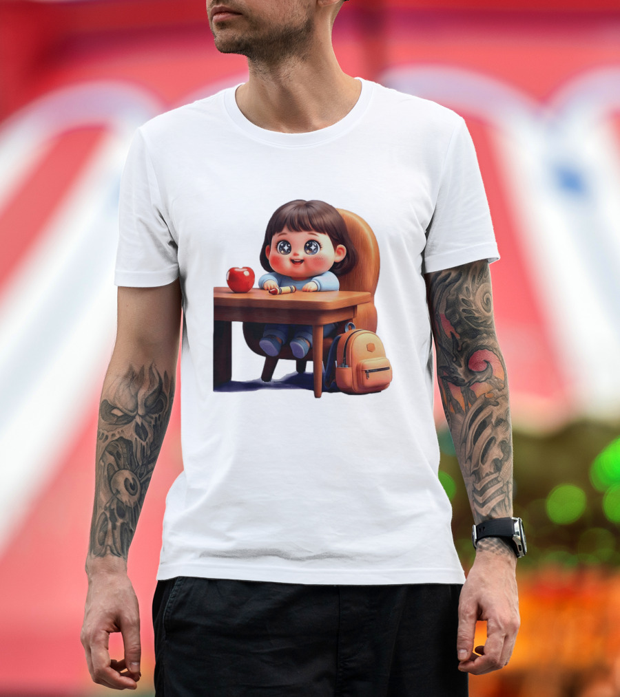 Cartoon Girl With Apple Backpack At Desk T-Shirt