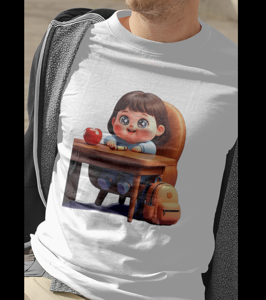 Cartoon Girl With Apple Backpack At Desk T-Shirt