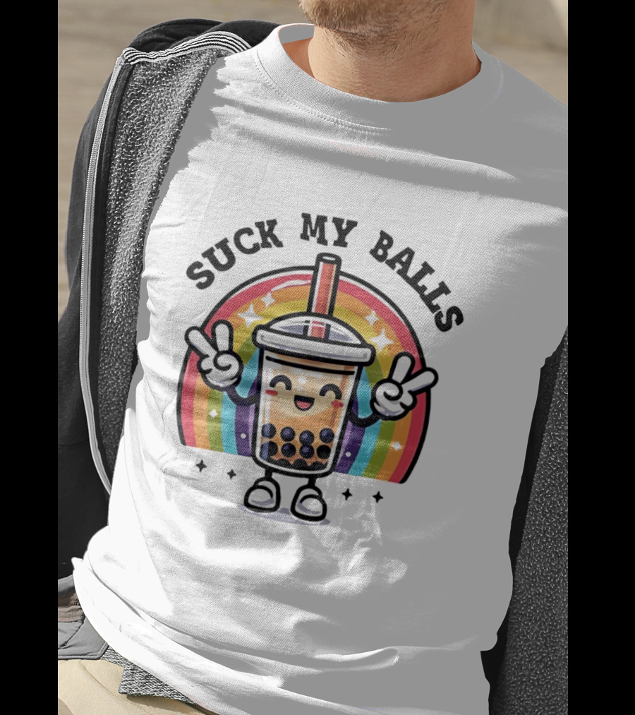 Suck My Balls Boba Tea Rainbow Peace Sign T-Shirt