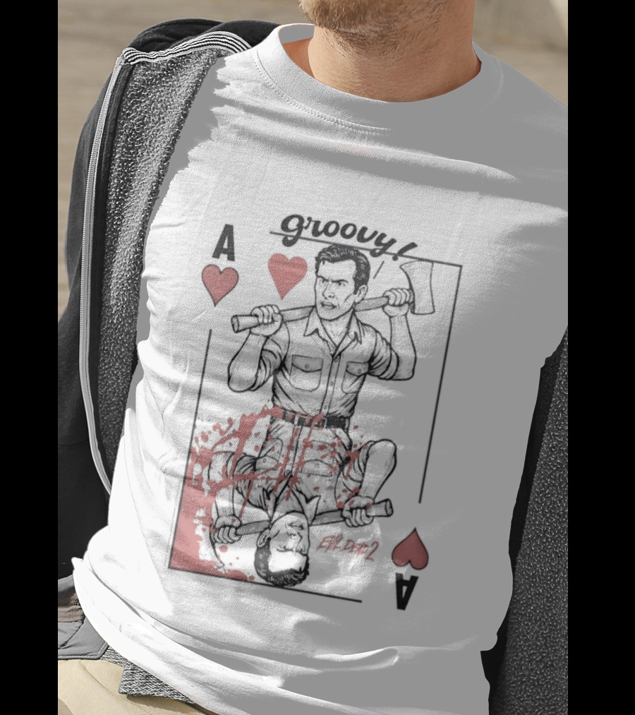 Groovy Ash Evil Dead 2 Ace Of Hearts Chainsaw Playing Card T-Shirt