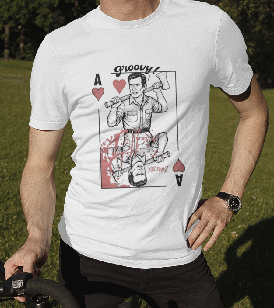 Groovy Ash Evil Dead 2 Ace Of Hearts Chainsaw Playing Card T-Shirt