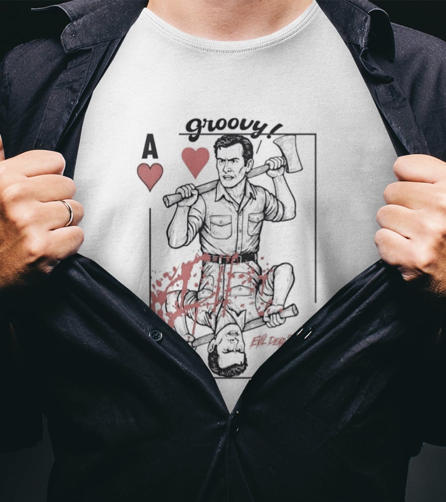 Groovy Ash Evil Dead 2 Ace Of Hearts Chainsaw Playing Card T-Shirt