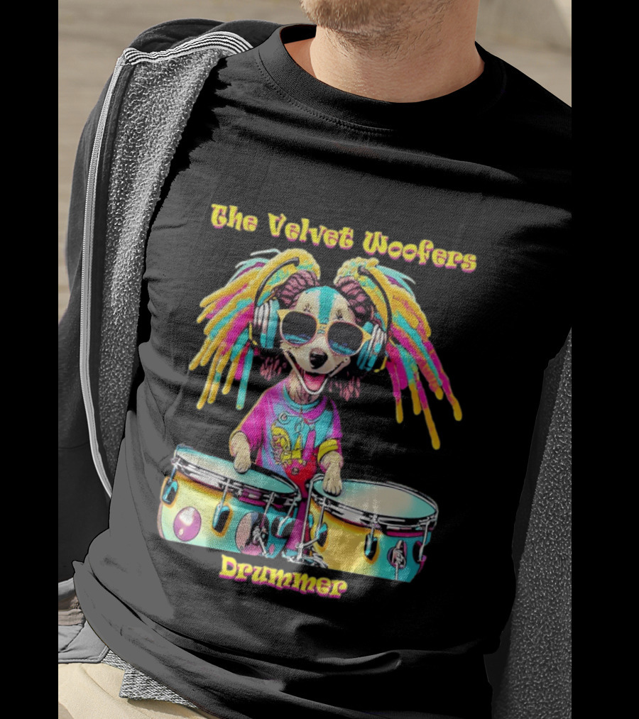 The Velvet Woofers Drummer Dog Colorful Cool Canine With Headphones And Drums T-Shirt