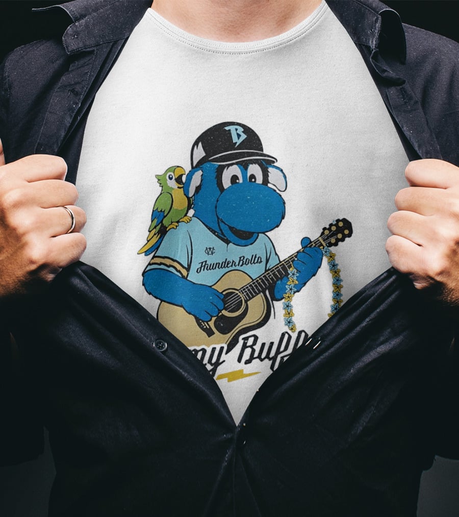Jimmy Buffett Thunder Bolts Parrot Baseball Mascot Playing Guitar T-Shirt