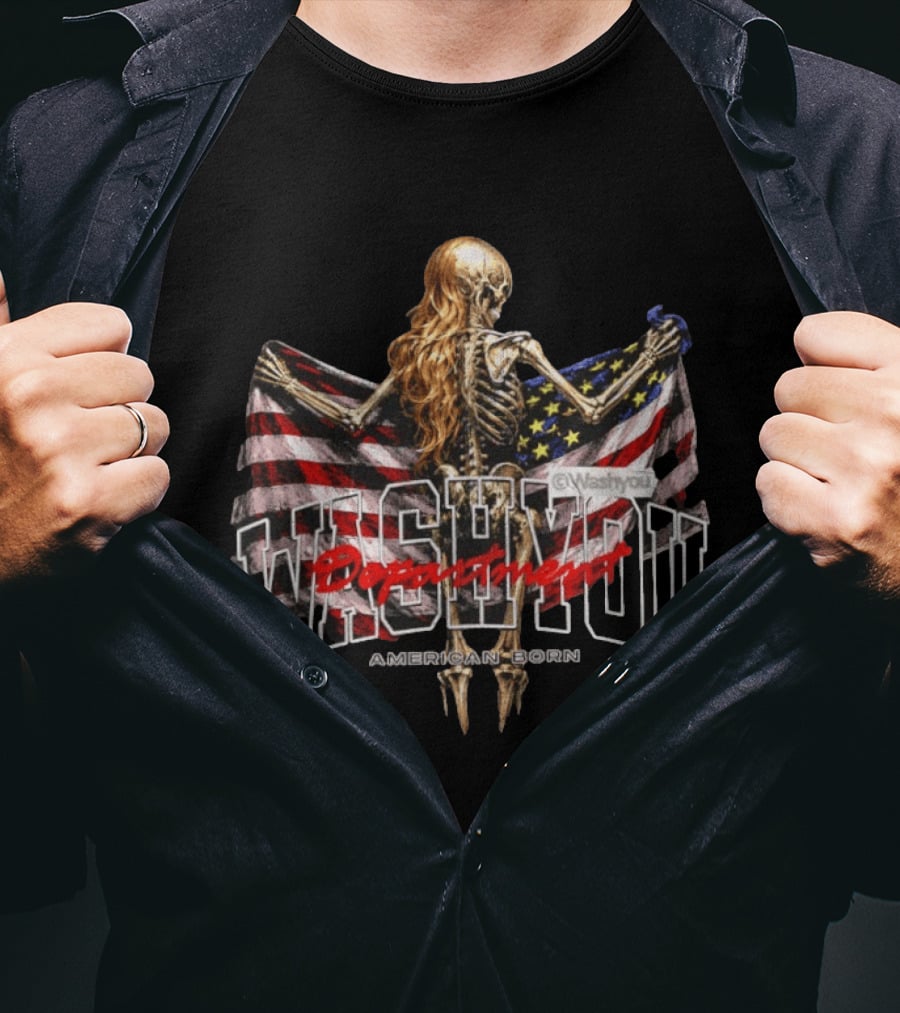 Washyou Department Skeleton Holding American Flag American Born T-Shirt