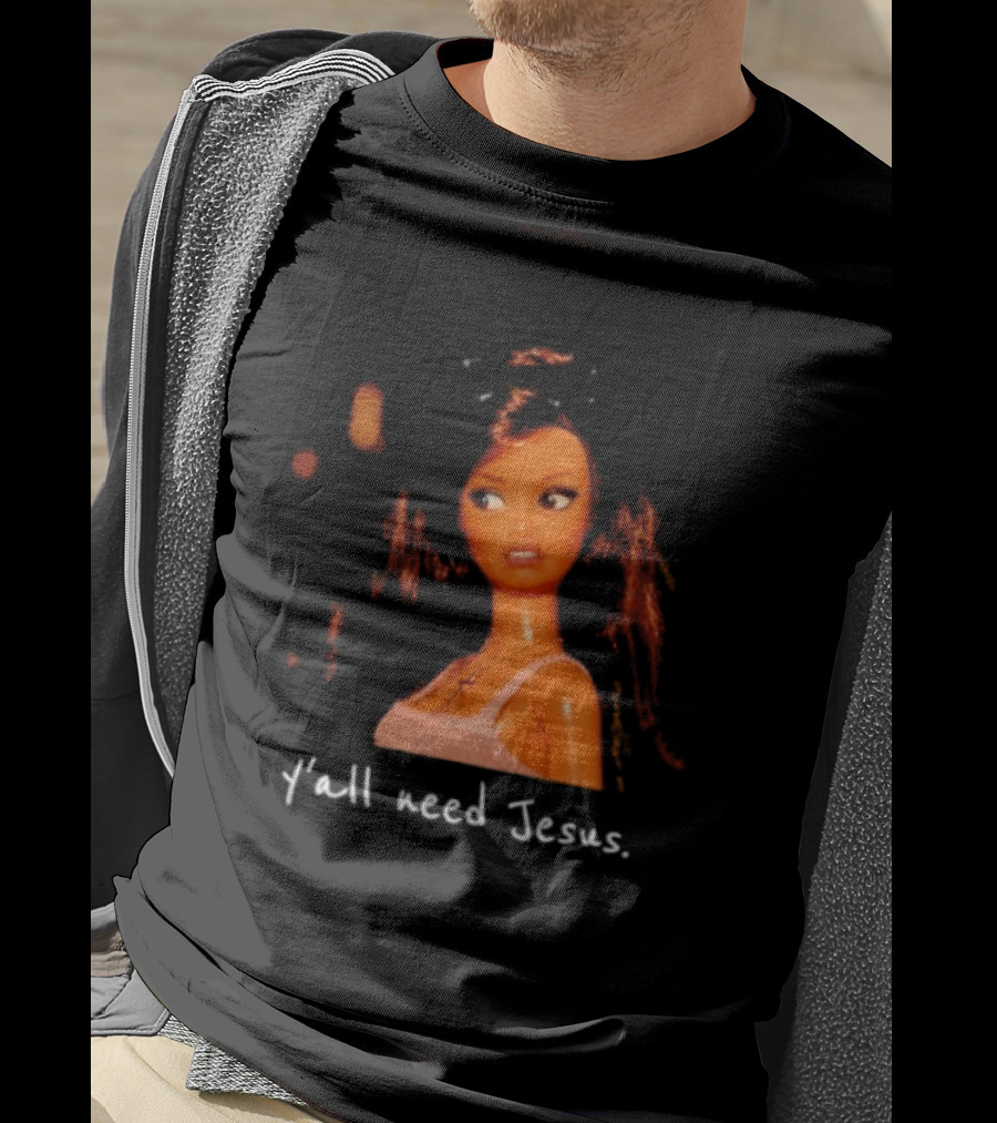 Y'all Need Jesus Doll Funny Meme Brown Hair Orange Dress T-Shirt