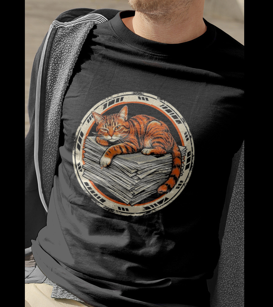Orange Cat Relaxing On Stack Of Newspapers In Circle T-Shirt