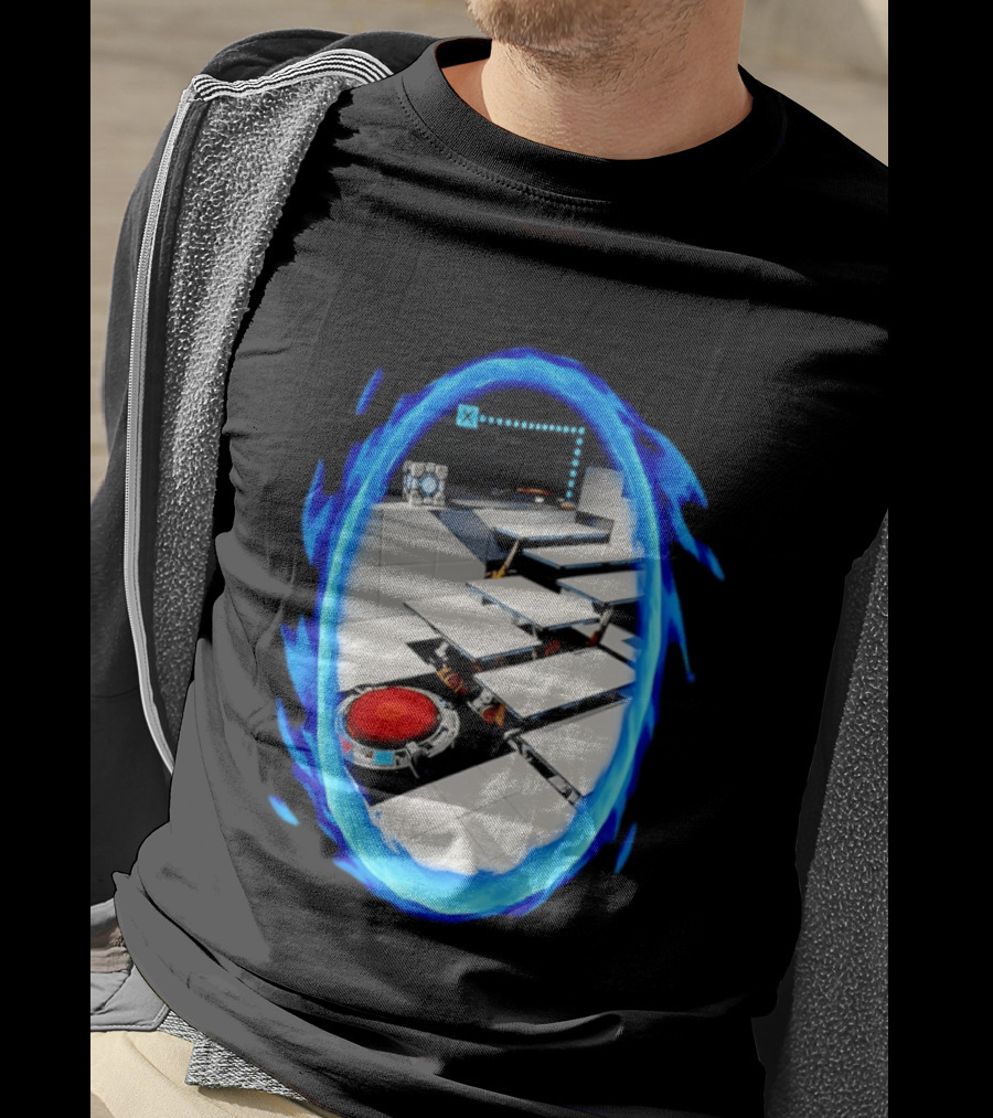 Portal Weighted Companion Cube Aperture Science Test Chamber Blue Portal Steps T-Shirt